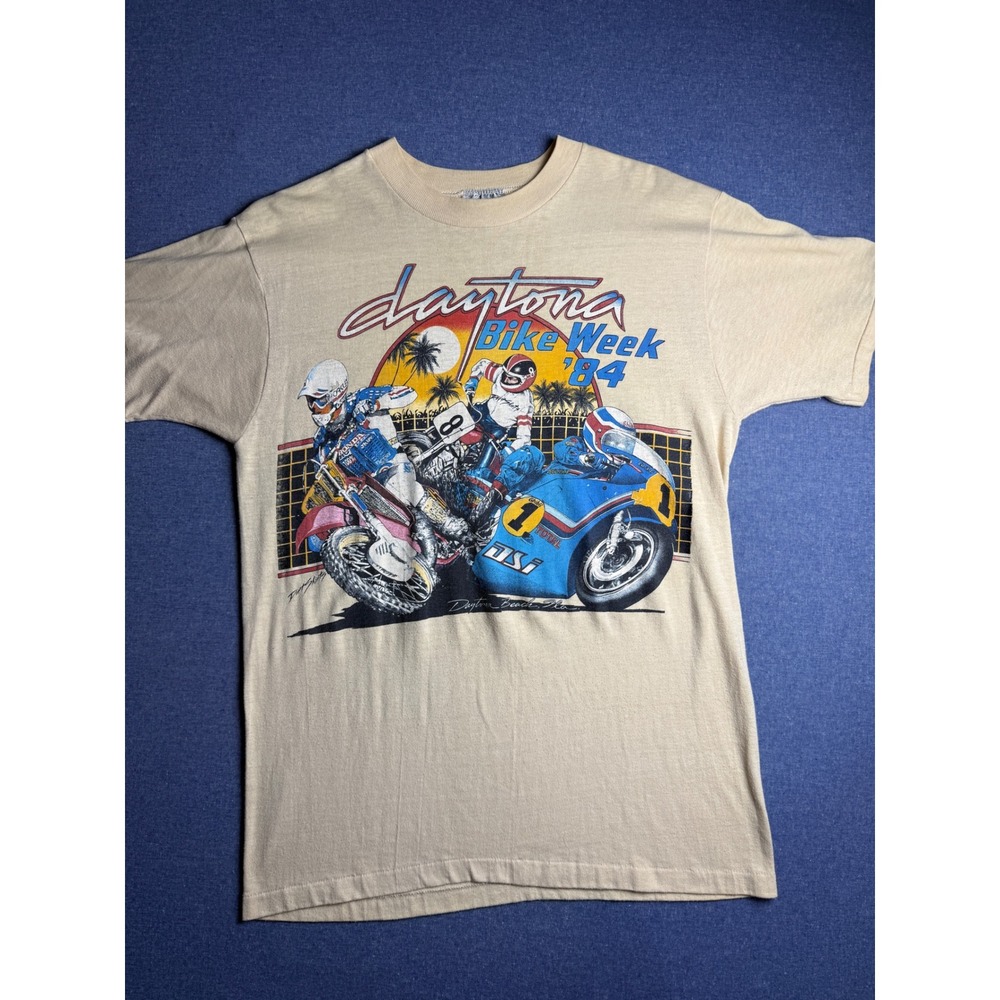 Vintage 1984 Daytona Bike Week T Shirt Tan Single Stitch Graphic Tee Mens L